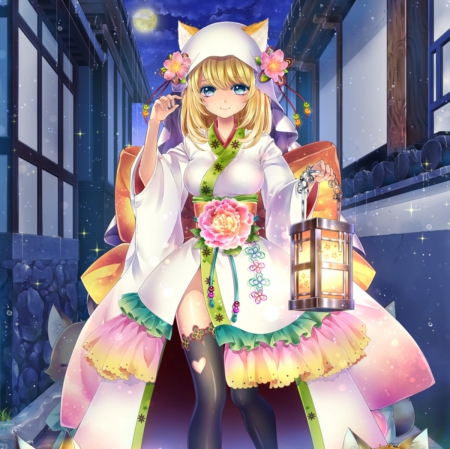 Hiropure - gown, cute, blond hair, neko, blonde, anime girl, adorable, girl, lantern, blond, blonde hair, nekomimi, pretty, kawaii, sweet, anime, yukata, hd, night, dress, cg, long hair, ears, building, home, nice, neko mimi, lovely, kimono, scene, female, house