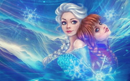 Elsa and Anna - snowflake, anna, redhead, movie, girl, winter, fantasy, snow quinn, art, blue, elsa, disney, frozen