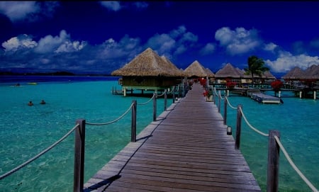 French Polynesia - clouds, tropical, beach, cabins, sea, sky, pier