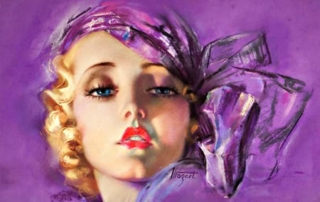 Beauty by Zoe Mozert - girl, blonde, beauty, pink, retro, scarf, purple, vintage, red, painting, woman, Zoe Mozert, face, art, blue eyes