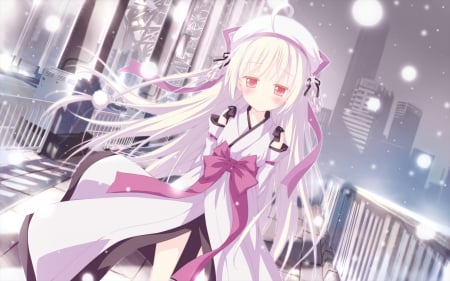 White Snow - blushing, magic, female, scenery, scene, snow, flowing, silver hair, spendid, breeze, gown, flow, city, beauty, cg, wind, white, cute, blowing, anime, kawaii, town, windy, dress, hd, ribbon, agic, anime girl, winter, beautiful, girl, blush, scenic, awesome, soft, adorable