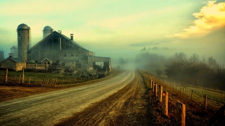 fabulous rustic landscape in fog hdr - fog, hdr, road, farm, fence, rural