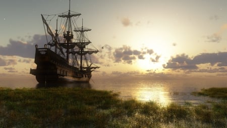 old tall ship anchored at the seashore - sail ship, shore, sunset, sea, anchored, grass