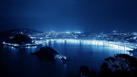 san sebastian spain in blue lights at night - lights, reflection, island, city, harbor, night, blue