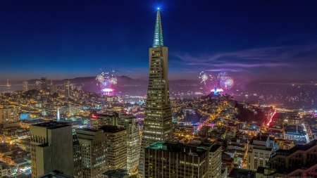 fireworks over san francisco skyline hdr - lights, hdr, skyscrapers, city, night, fireworks