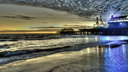 marvelous santa monica pier at dusk hdr - beach, amusement park, hdr, waves, sea, dusk, pier