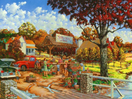 Stone creek farm - fun, trees, villahe, summer, people, joy, colorful, river, retro, stone creek, car, painting, market, farm, bridge, shop