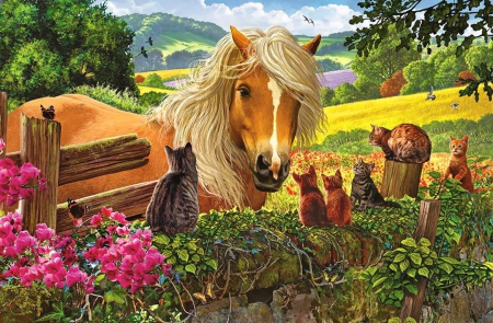 New neighbors - farm, animals, kittens, countryside, meadow, painting, art, cute, fence, adorable, mountain, neighbor, summer, horse, beautiful, cats, flowers, new