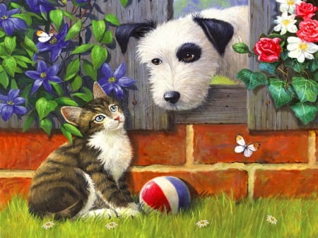 That's my ball! - roses, fun, summer, butterflies, grass, home, joy, flowers, kitten, garden, puppy, friends, yard, art, pot, game, ball, beautiful, sweet, playing, colorful, painting, cute, adorable, kitty