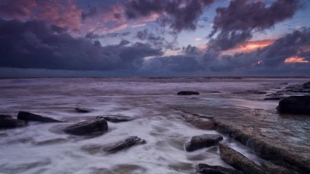 wonderful rocky seascape at sunset - clouds, shore, surf, sunset, lavender, sea, rocks