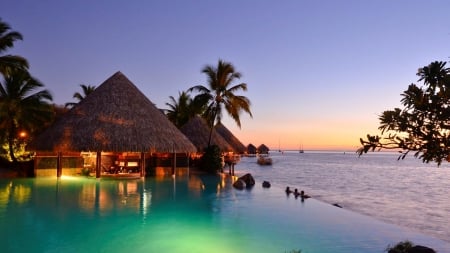 Tahitian Beach - tropical, water, palms, gazebo, sea