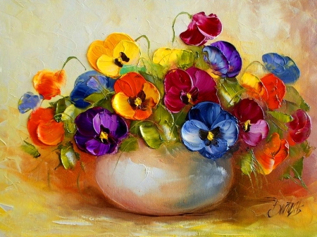 Still life - nice, colorful, still life, lovely, pansies, pretty, beautiful, violets, pot, flowers, harmony