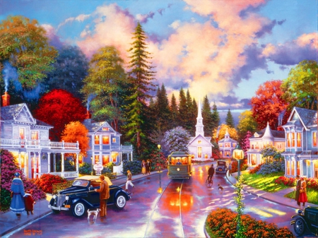 Simpler times - fun, cars, people, scenery, town, joy, retro, art, houses, sky, village, street, times, colorful, simpler, painting, bus, cottages