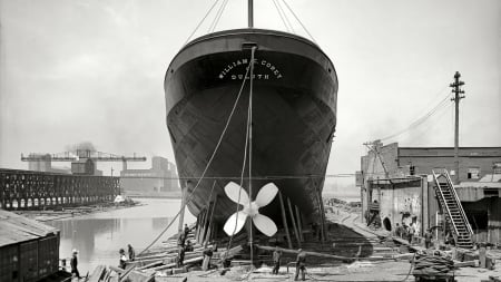 vintage shipyard in chicago - shipyard, vintage, ship, lake, black and white, city