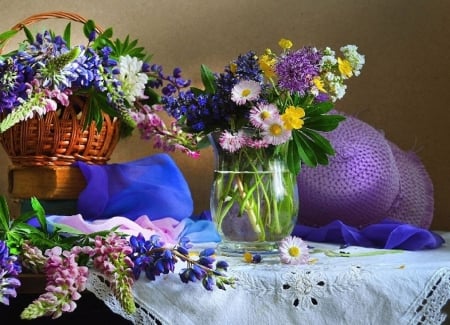 Colorful flowers - beauty, hat, photography, colorful, basket, still life, spring, white, purple, yellow, table, vase, nature, pink, blue, colors, flowers