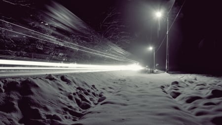 light from a winter road embankment in long exposure - long exposure, embankment, winter, night, road, lights