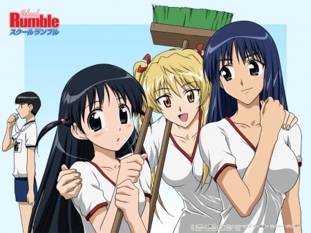 Pool Cleaning Fun - Oji, Karosuma, Broom, Anime, Sawachika, Anime Friends, Karosuma Oji, Gym Uniform, School Friends, Eri Sawachika, Tsukamoto, Blue Hair, Anime Guy, Eri, Mikoto, School Rumble, Blonde, Twin Tails, Suou, Whistle, Anime Girls, Tenma Tsukamoto, Tenma, Mikoto Suou, Friends