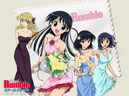 Dressed To Kill - cuties, tenma, sawachika, anime friends, eri, black hair, fancy dress, yakumo, anime, tenma tsukamoto, suou, sisters, eri sawachika, anime sisters, yakumo tsukamoto, anime girls, dressed to kill, anime cuties, mikoto, school rumble, blue hair, tsukamoto, friends, mikoto suou, flowers, blonde