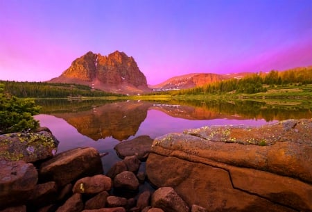 Red Castle Lake - mountain peak, beautiful, wilderness, grass, forest, reflection, sunset, lake, Utah