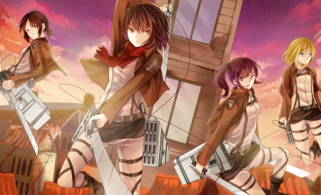 Attack on Titan - pretty, anime, female, roof top, scene, team, long hair, rooftop, emotional, short hair, group, float, roof, weapon, nice, mikasa, shingeki no kyojin, ackerman, house, attack on titan, anime girl, girl, sword, lovely, sweet, blade, sinister, building