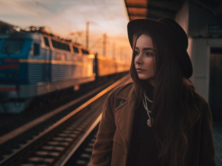 cute girl - hat, girl, waiting, train