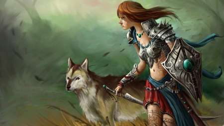 fantasy - women, redhead, girl, magic, warrior, fantasy, wolf, tattoo, artwork, woolf