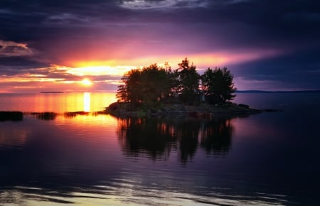 Sunset over stone island - calm, quiet, summer, amazing, tranquil, island, reflection, shore, lake, sky, clouds, stone, mirrored, tree, river, nature, sunset, serenity