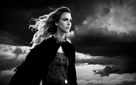 Jessica Alba as Nancy Callahan - woman, actress, movie, girl, black, jessica alba, white, nancy callahan, cloud, sin city, a dame to kill for