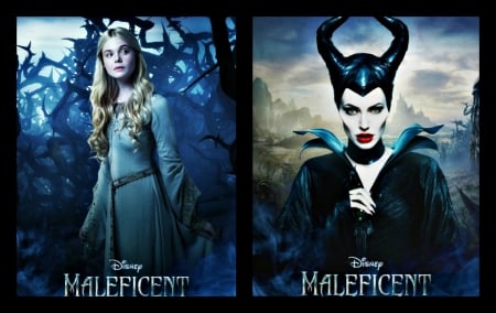 Maleficent  (2014) - black, actress, maleficent, collage, elle fanning, girl, blue, aurora, movie, fairy, evil queen, angelina jolie, woman, disney