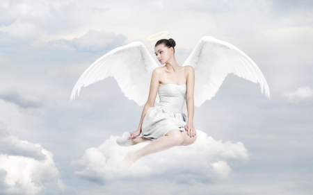 Angel - woman, girl, angel, wings, creative, fantasy, white, cloud, feather