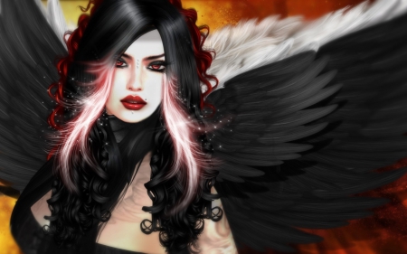 Angel and Demon - woman, girl, angel, red, feather, wings, black, demon