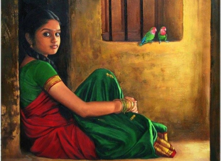 Lovely Indian Girl - parrots, beautiful, window, indian, girl, lovely, hindu, costume, young