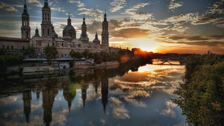 sunrise on a cathedral in zaragoaz spain - cathedral, reflections, clouds, river, sunrise, city