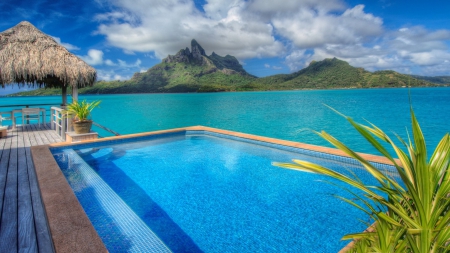 beautiful pool in st regis hotel in bora bora hdr - tropics, hotel, hdr, mountains, pool, resort, bay