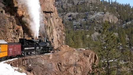 steam train on a narrow mountain track - cliff, train, rocks, steam, mountain