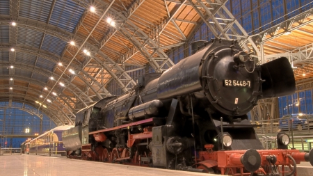 steam locomotive in a london museum - trains, locomotives, hanger, lights, museum