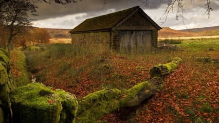 stone cabin by a countryside creek - stone, countryside, moss, cabin, rocks, creek