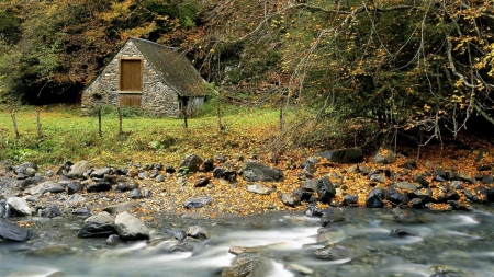 lovely stone cabin by a flowing river - forest, flow, stonr, rocks, river, cabin