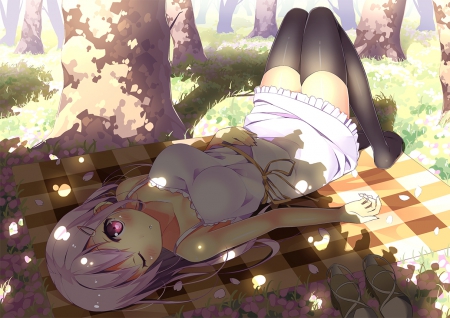 Taking a Nap - pretty, anime, kawaii, female, scenery, scene, wink, lying, nice, anime girl, laying, shades, beautiful, girl, scenic, beauty, lovely, sweet, shodow, cute, adorable, lay