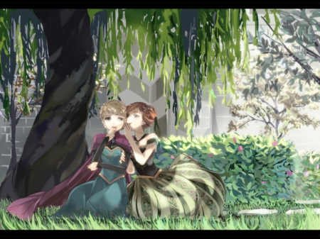 Whispering - pretty, anime, female, talking, scene, maiden, dress, grass, plant, chat, long hair, talk, movie, field, nice, anime girl, beautiful, girl, beauty, lovely, sweet, tree, whispering, frozen, anna, lady, awesome, disney, elsa