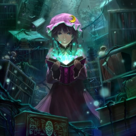 Book of Magic - nice, realistic, female, magic, emotional, anime girl, book, fantasy, touhou, glowing, pretty, anime, beauyt, fantasy girl, magician, scene, girl, patchouli knowledge, light, magical, lovely, cg, hd, glow, beautiful, scenery, sweet, al