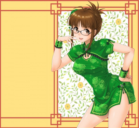 Cheongsam - flower, hot, brown hair, yellow, anime, anime girl, girl, hd, cg, oriental, long hair, chinese, sexy, female, cheongsam, green