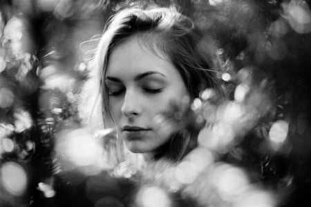 The Person You Aren't - woman, face, portrait, eyes, think, beautiful, black and white, feel