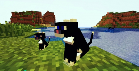 Cats sitting at a lake, while the squid is having fun in the water - meow, water, ocelots, cats, lake, grass, minecraft, squid