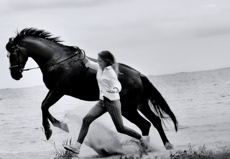 Run baby - black, white, woman, run, horse