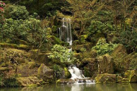 Japanese Garden Waterfall, Portland, Oregon - nature, garden, waterfall, usa