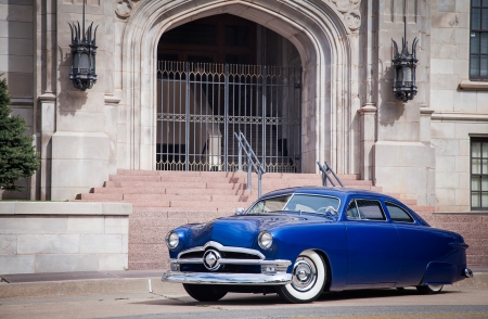 1950-Ford-Coupe - chrome bumpers, classic, whitewalls, blue