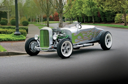 1927-Ford-Roadster - pipes, flames, hotrod, silver green