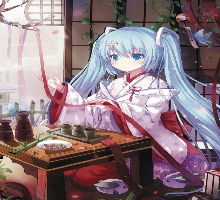 Yuki Miku - girl, vocaloid, long hair, kimono, miku, japanese, orginal