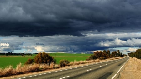 storm clouds over rural fields - storm, clouds, highway, fields